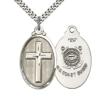 Coast Guard Christian Cross Sterling Medal Necklace, 1 1/4-inch tall by 3/4-inch wide, Bliss Manufacturing