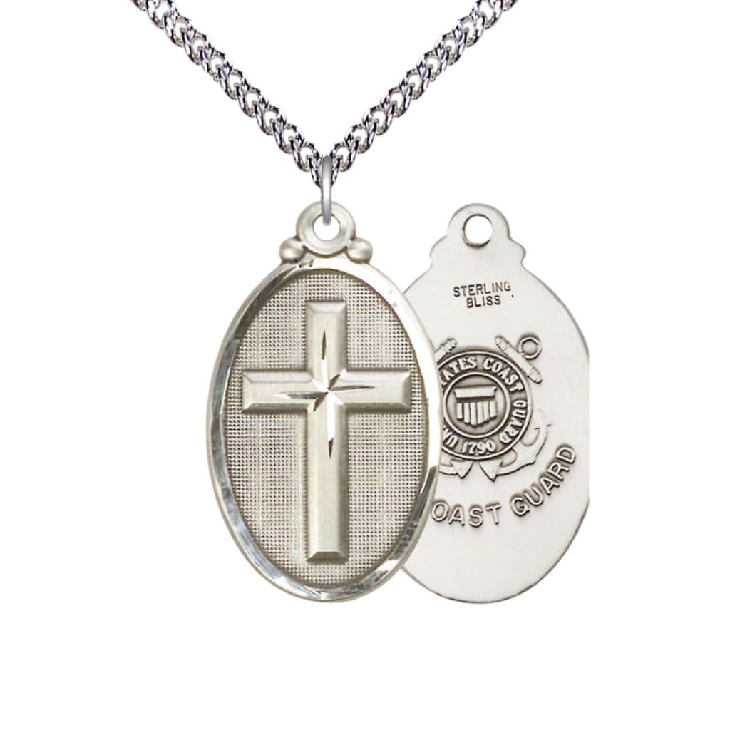 Bliss Coast Guard Christian Cross Sterling Medal Necklace with Sterling Silver Chain, 1 1/4-inch tall by 3/4-inch wide,