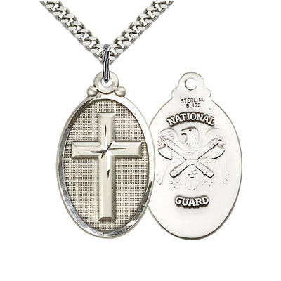 National Guard Christian Cross Sterling Silver Medal Necklace w/Plated Chain, 1 1/4-inch tall by 3/4-inch wide, Bliss Manufacturing