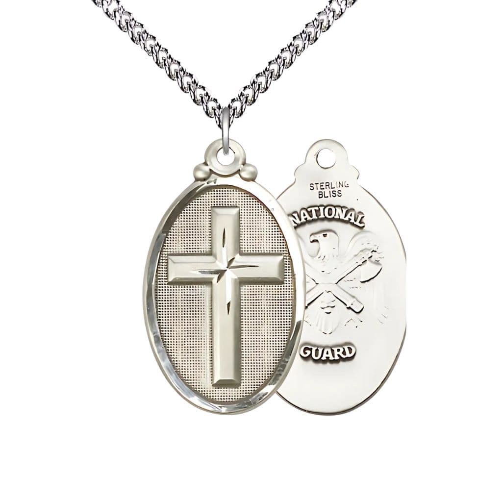 Bliss National Guard Christian Cross Sterling Silver Medal Necklace w/Sterling Silver Chain, 1 1/4-inch tall by 3/4-inch wide,
