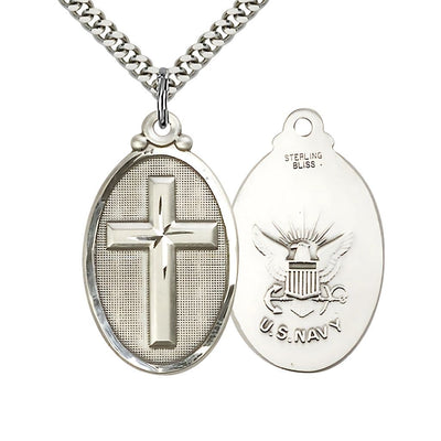 Navy Christian Cross Sterling Silver Medal Necklace with Plated Chain, 1 1/4-inch tall by 3/4-inch wide, Bliss Manufacturing