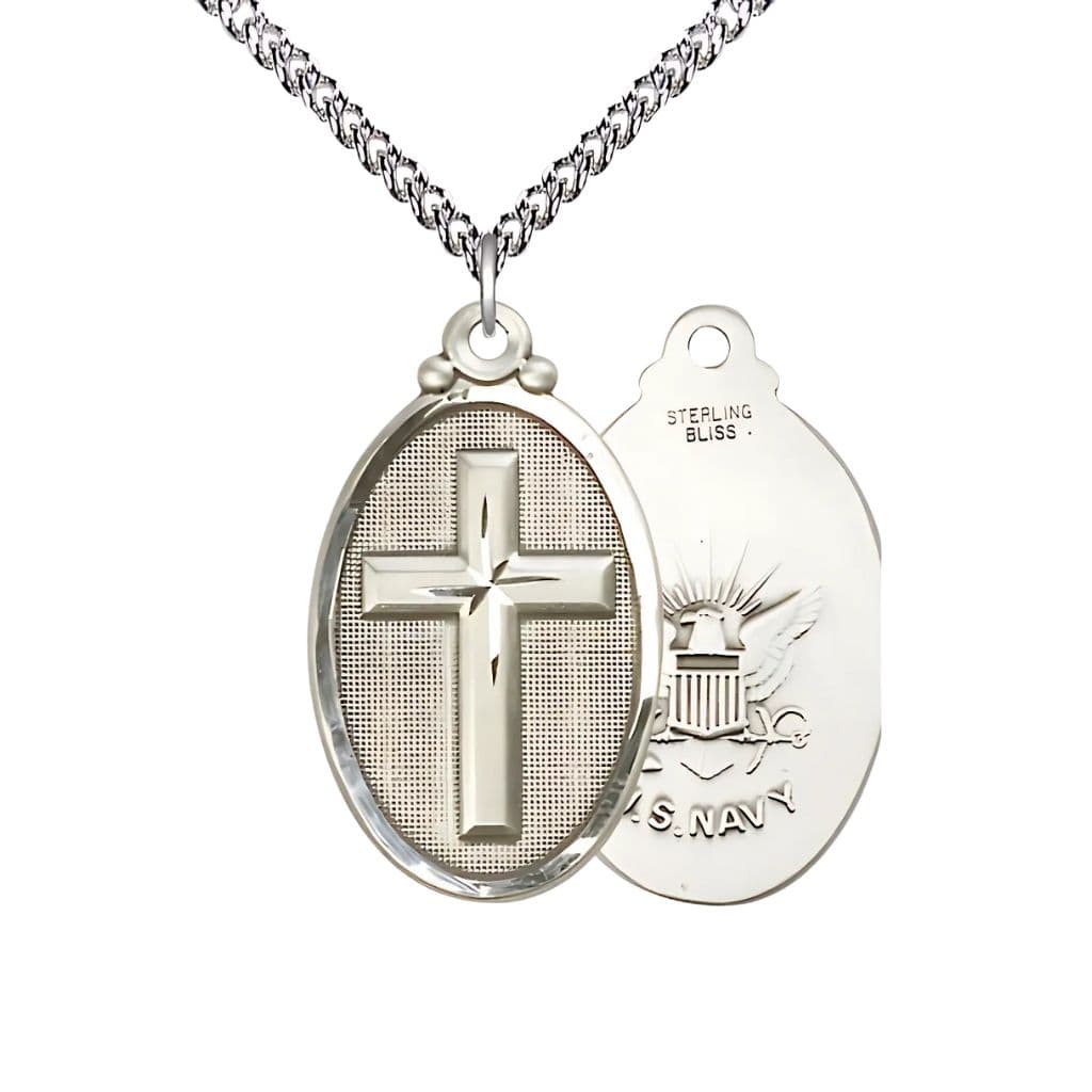 Bliss Navy Christian Cross Sterling Silver Medal Necklace with Sterling Chain, 1 1/4-inch tall by 3/4-inch wide,