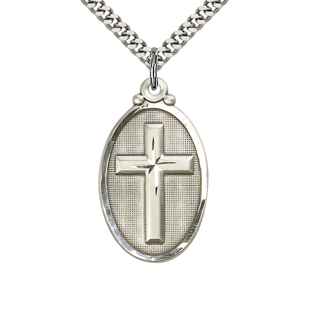 Bliss Christian Cross Oval Sterling Silver Medal Necklace with Rhodium-plated Heavy Curb Chain, 1 1/8-inch tall by 5/8-inch wide,