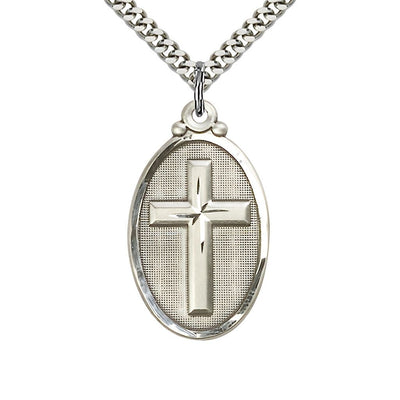 Christian Cross Oval Sterling Silver Medal Necklace with Rhodium-plated Heavy Curb Chain, 1 1/8-inch tall by 5/8-inch wide, Bliss Manufacturing