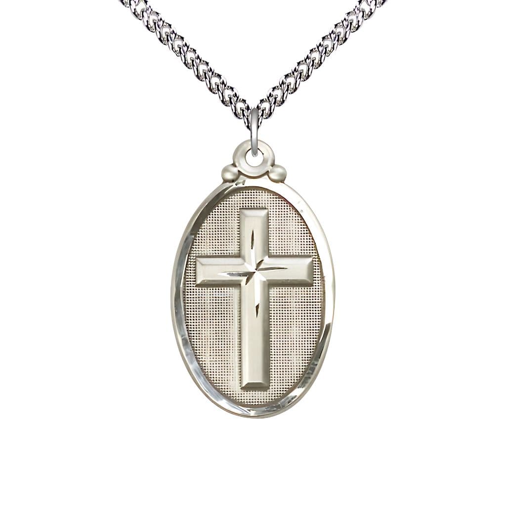 Bliss Christian Cross Oval Sterling Silver Medal Necklace with Sterling Silver Heavy Curb Chain, 1 1/8-inch tall by 5/8-inch wide,