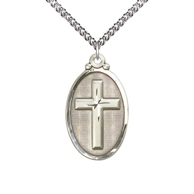 Christian Cross Oval Sterling Silver Medal Necklace with Sterling Silver Heavy Curb Chain, 1 1/8-inch tall by 5/8-inch wide, Bliss Manufacturing