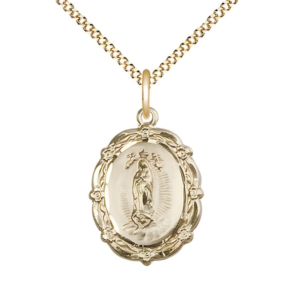 Bliss Our Lady of Guadalupe 14kt Gold-filled Floral Medal Pendant with Gold-plated Chain, Measures 7/8-inch tall by 5/8-inch wide.
