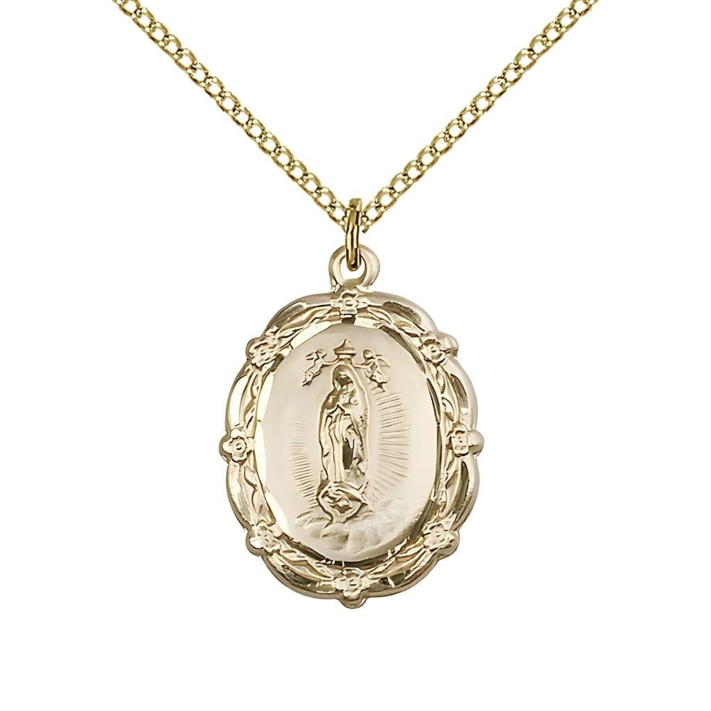 Bliss Our Lady of Guadalupe 14kt Gold-filled Floral Medal Pendant with Gold-filled Chain, Measures 7/8-inch tall by 5/8-inch wide.