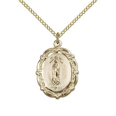 Our Lady of Guadalupe 14kt Gold-filled Floral Medal Pendant with Gold-filled Chain, Measures 7/8-inch tall by 5/8-inch wide, Bliss Manufacturing