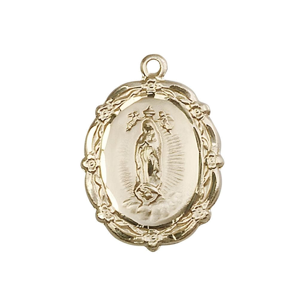 Bliss Our Lady of Guadalupe 14kt Gold Floral Medal Pendant, Measures Measures 7/8-inch tall by 5/8-inch wide.