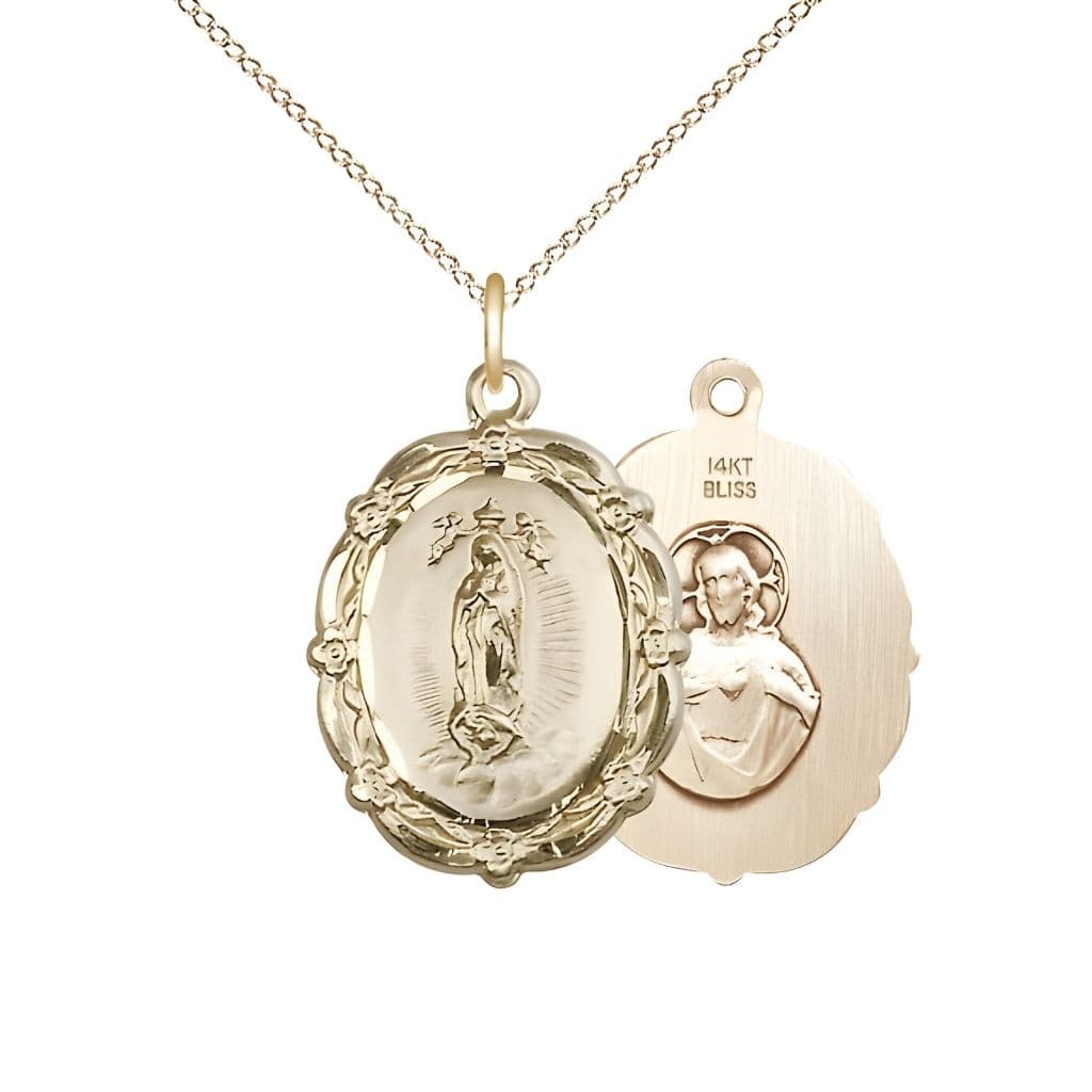 Bliss Our Lady of Guadalupe 14kt Gold Floral Medal Pendant with 14kt Gold Chain, Measures Measures 7/8-inch tall by 5/8-inch wide.