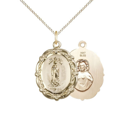 Our Lady of Guadalupe 14kt Gold Floral Medal Pendant with 14kt Gold Chain, Measures Measures 7/8-inch tall by 5/8-inch wide, Bliss Manufacturing