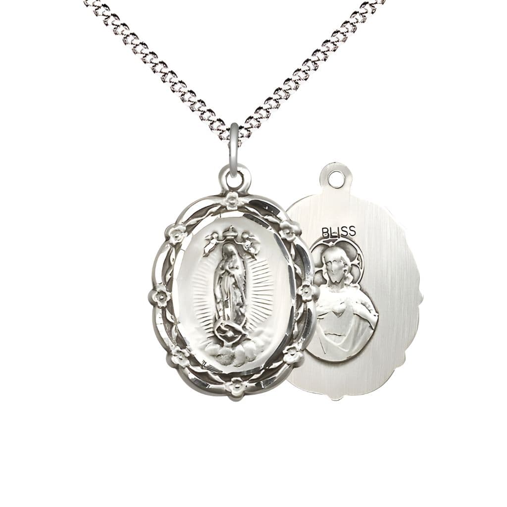 Bliss Our Lady of Guadalupe Pewter Floral Medal Pendant with Rhodium-plated Chain, Measures 7/8-inch tall by 5/8-inch wide.