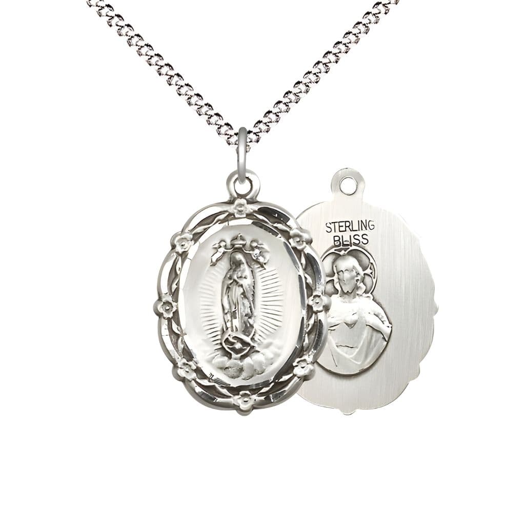 Bliss Our Lady of Guadalupe Sterling Silver Floral Medal Pendant with Rhodium-plated Chain, Measures 7/8-inch tall by 5/8-inch wide.