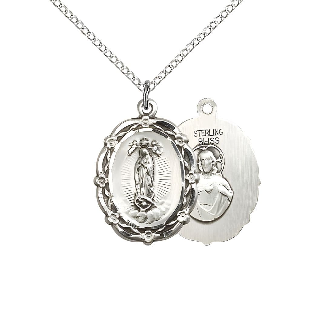 Bliss Our Lady of Guadalupe Sterling Silver Floral Medal Pendant with Sterling Chain, Measures 7/8-inch tall by 5/8-inch wide.
