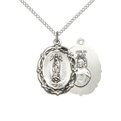 Our Lady of Guadalupe Sterling Silver Floral Medal Pendant with Sterling Chain, Measures 7/8-inch tall by 5/8-inch wide, Bliss Manufacturing