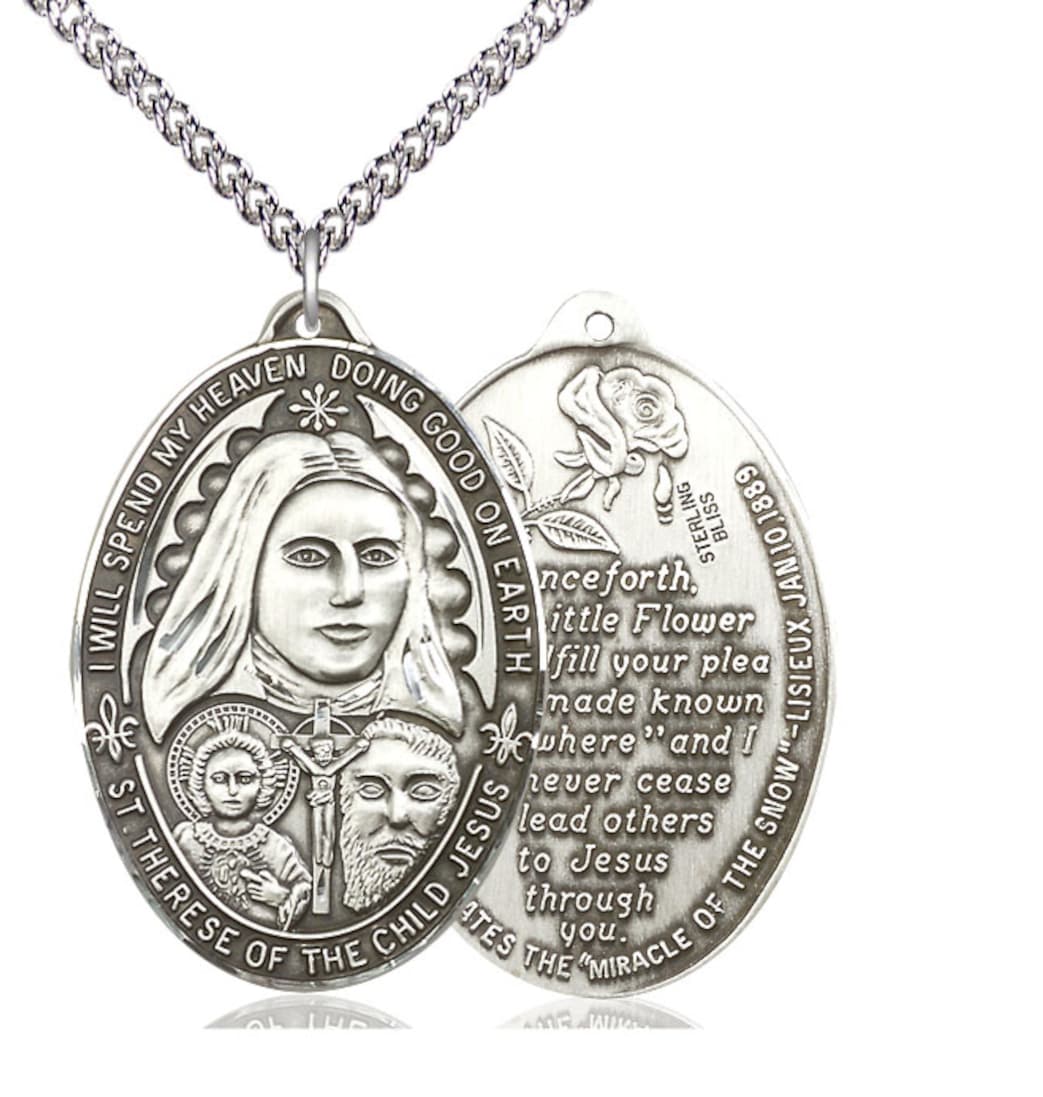 Bliss Manufacturing Large St Therese of the Child of Jesus Sterling Silver Medal with Sterling Chain,