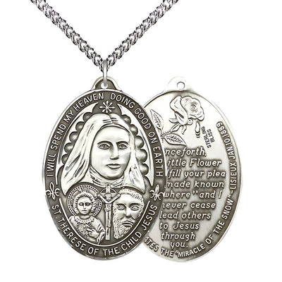 Large St Therese of the Child of Jesus Sterling Silver Medal with Sterling Silver Chain, Bliss Manufacturing