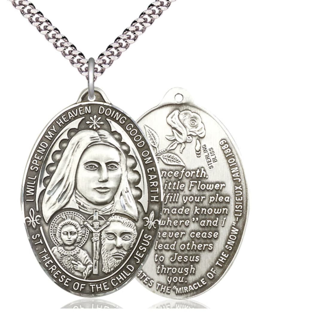 Bliss Manufacturing Large St Therese of the Child of Jesus Sterling Silver Medal with Plated Chain,