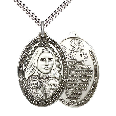 Large St Therese of the Child of Jesus Sterling Silver Medal with Plated Chain, Bliss Manufacturing