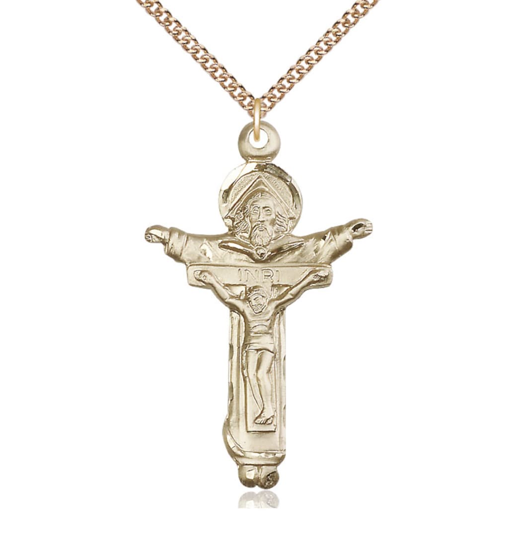 Bliss Large 14kt Gold Trinity Father, Son & Holy Spirit Crucifix with 14kt Gold Chain,