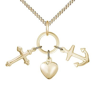 Faith, Hope and Charity 14kt Gold-filled Medal Necklace with Gold-plated Light Curb Chain, Medal Measures 1 3/8-inch tall by 1 5/8 - inch wide, Bliss Manufacturing