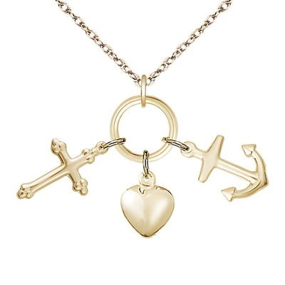 Faith, Hope and Charity 14kt Gold-filled Medal Necklace with Gold-filled Light Rope Chain, Medal Measures 1 3/8-inch tall by 1 5/8 - inch wide, Bliss Manufacturing
