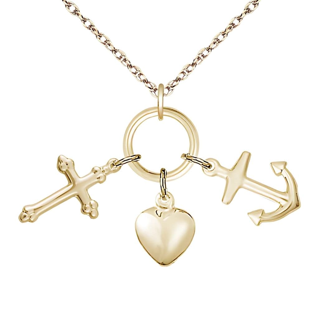 Bliss Faith, Hope and Charity 14kt Gold Medal Necklace with 14kt Gold Light Rope Chain, Medal Measures 1 3/8-inch tall by 1 5/8 - inch wide