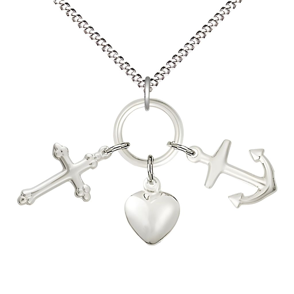 Bliss Faith, Hope and Charity Sterling Silver Medal Necklace with Rhodium-plated Light Curb Chain, Medal Measures 1 3/8-inch tall by 1 5/8 - inch wide