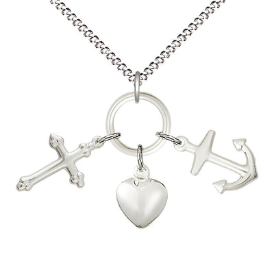 Faith, Hope and Charity Sterling Silver Medal Necklace with Rhodium-plated Light Curb Chain, Medal Measures 1 3/8-inch tall by 1 5/8 - inch wide, Bliss Manufacturing