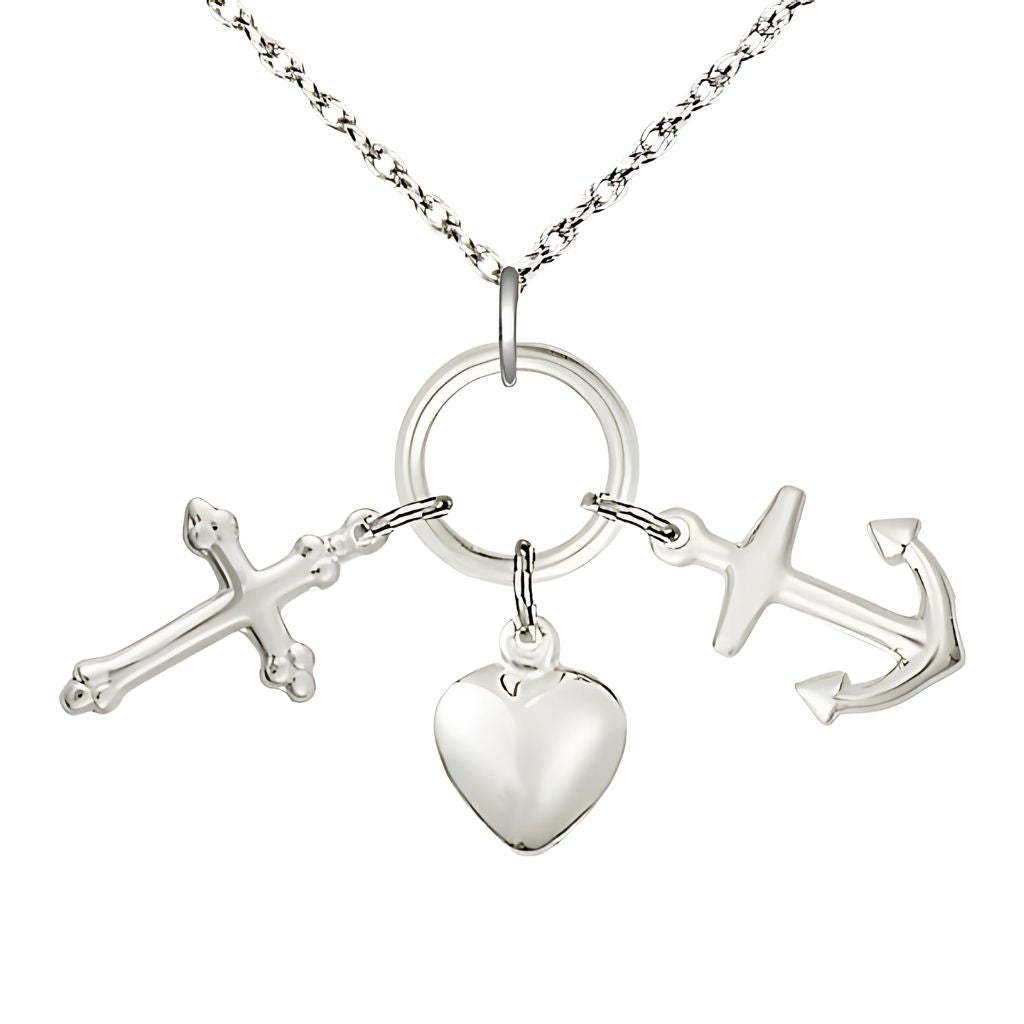 Bliss Faith, Hope and Charity Sterling Silver Medal Necklace with Sterling Silver Light Rope Chain, Medal Measures 1 3/8-inch tall by 1 5/8 - inch wide