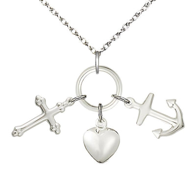 Faith, Hope and Charity Sterling Silver Medal Necklace with Sterling Silver Light Rope Chain, Medal Measures 1 3/8-inch tall by 1 5/8 - inch wide, Bliss Manufacturing