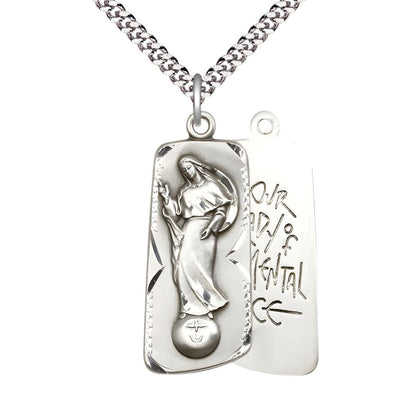 Pewter Our Lady of Mental Peace Medal with Plated Chain, Measures 1 3/8-inch tall by 1/2-inch wide, Bliss Manufacturing