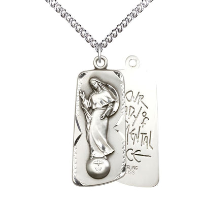 Our Lady of Mental Peace Sterling Silver Medal with Sterling Silver Chain, Measures 1 3/8-inch tall by 1/2-inch wide, Bliss Manufacturing
