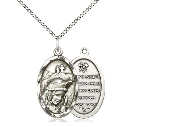 Bliss Sterling Silver Our Lady of la Salette Pendant on a 18 inch Sterling Silver Light Curb Chain,