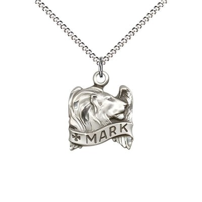 St. Mark and Lion with Wings Sterling Silver Medal with rhodium-plated Chain, measures 5/8-inch tall by 1/2-inch wide, comes with gift box, Bliss Manufacturing