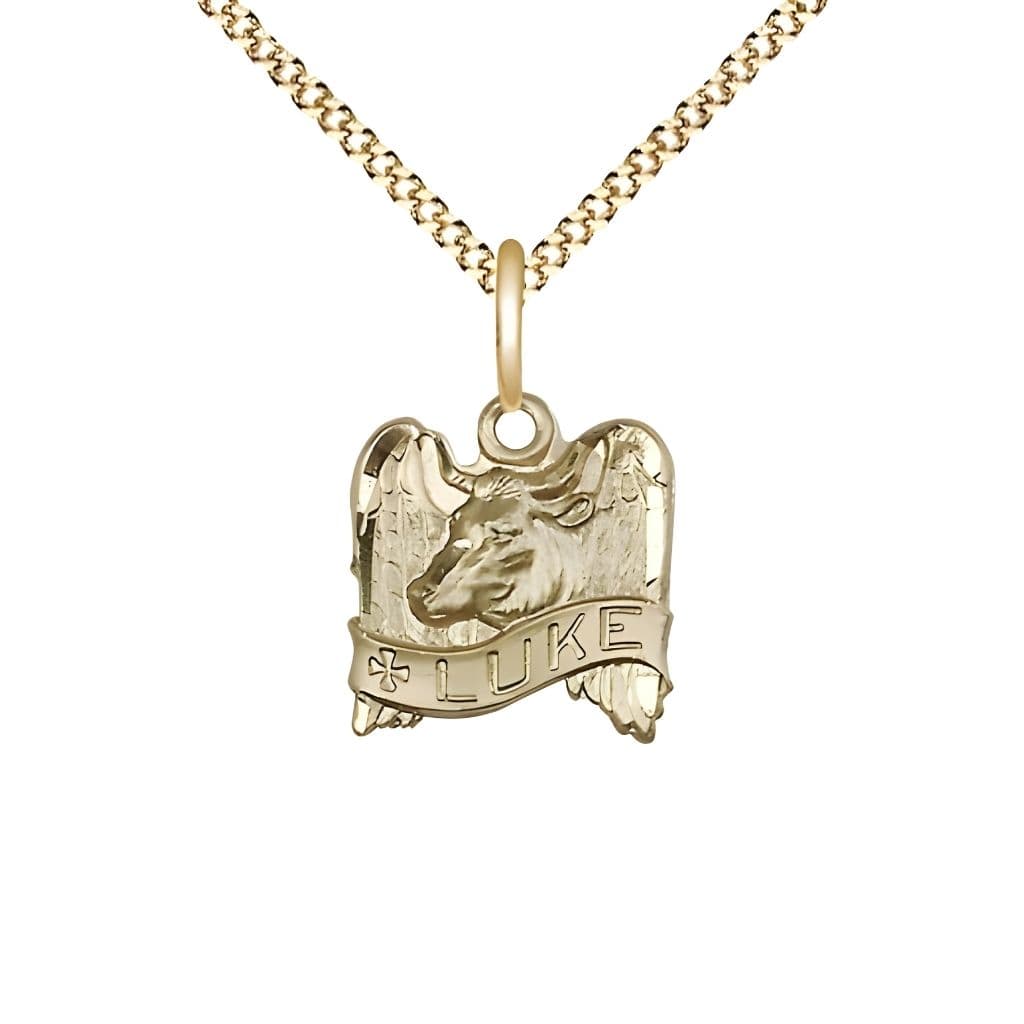 Bliss St. Luke with Winged Ox 14kt Gold-filled Medal with Gold-plated Light Curb Chain with Lobster Claw Clasp