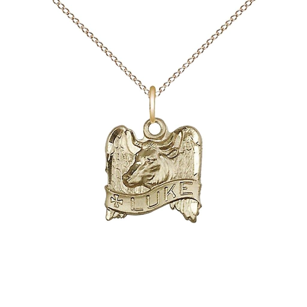 Bliss St. Luke with Winged Ox 14kt Gold-filled Medal with Gold-filled Light Curb Chain with Lobster Claw Clasp