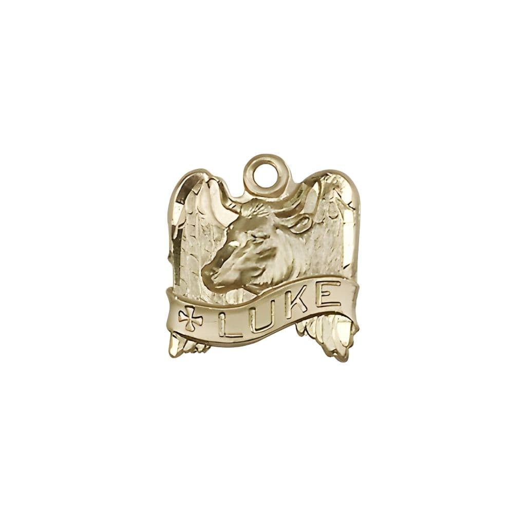 Bliss St. Luke with Winged Ox 14kt Gold-filled Medal, Measures 1/2-inch tall by 1/2-inch wide.