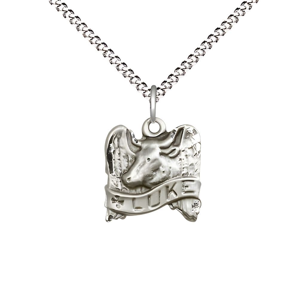 Bliss St. Luke with Winged Ox Sterling Silver Medal with Rhodium-plated Light Curb Chain with Lobster Claw Clasp