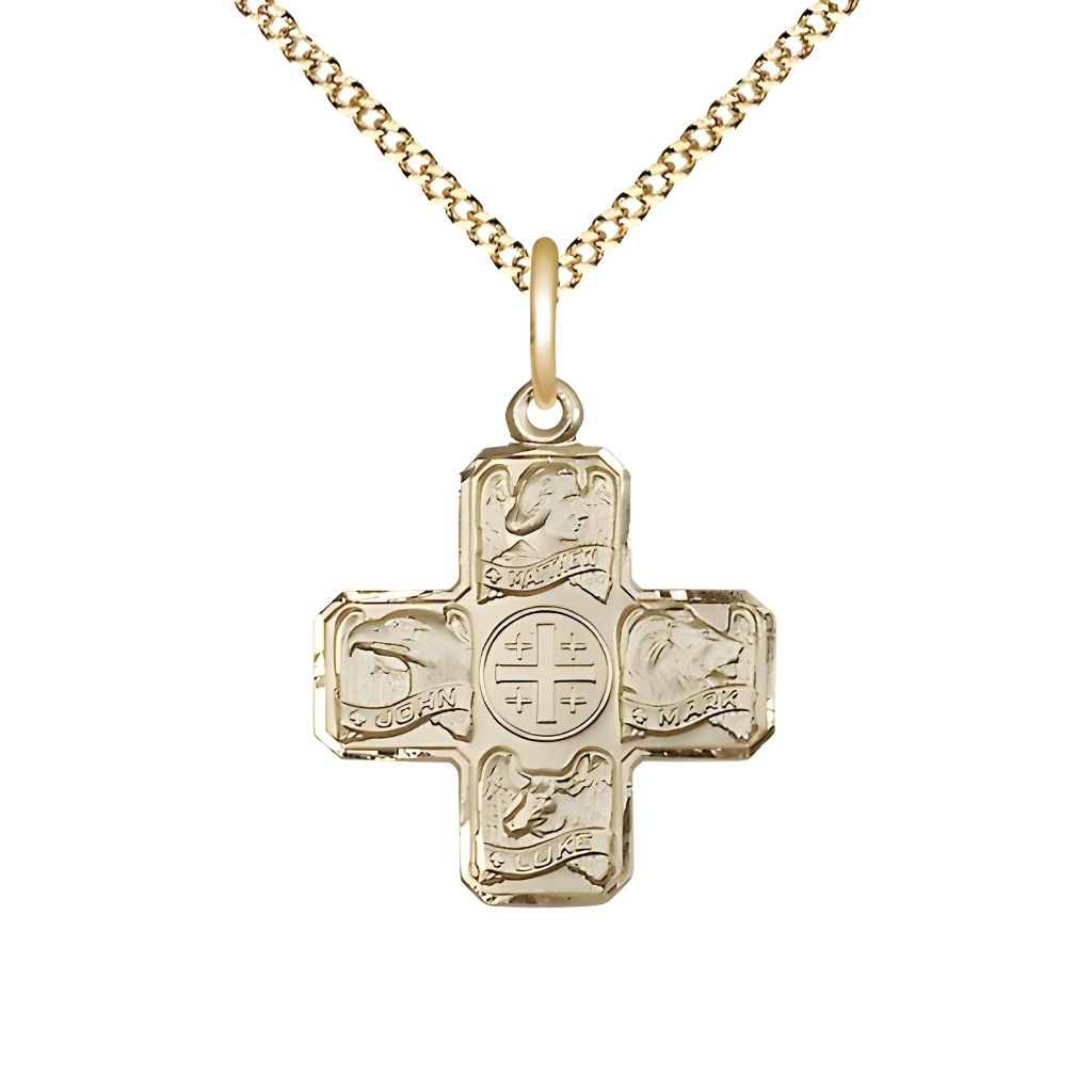 Bliss Evangelist 4-Way Cross 14kt Gold-filled Medal with Gold-Plated Chain, Matthew, Mark, Luke, and John, Measures 7/8-inch tall by 3/4-inch wide