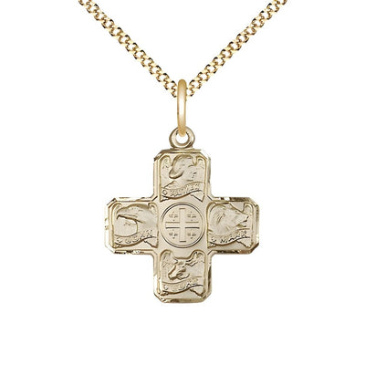 Evangelist 4-Way Cross 14kt Gold-filled Medal with Gold-Plated Chain, Matthew, Mark, Luke, and John, Measures 7/8-inch tall by 3/4-inch wide, Bliss Manufacturing