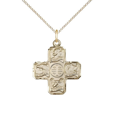 Evangelist 4-Way Cross 14kt Gold-filled Medal with Gold-filled Chain, Matthew, Mark, Luke, and John, Measures 7/8-inch tall by 3/4-inch wide, Bliss Manufacturing