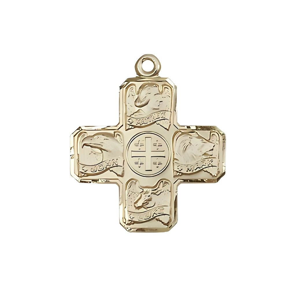 Bliss Evangelist 4-Way Cross 14kt Gold Medal , Matthew, Mark, Luke, and John, Measures 7/8-inch tall by 3/4-inch wide