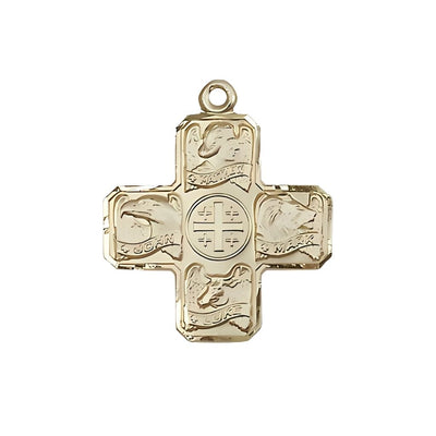 Evangelist 4-Way Cross 14kt Gold Medal, Matthew, Mark, Luke, and John, Measures 7/8-inch tall by 3/4-inch wide, Bliss Manufacturing