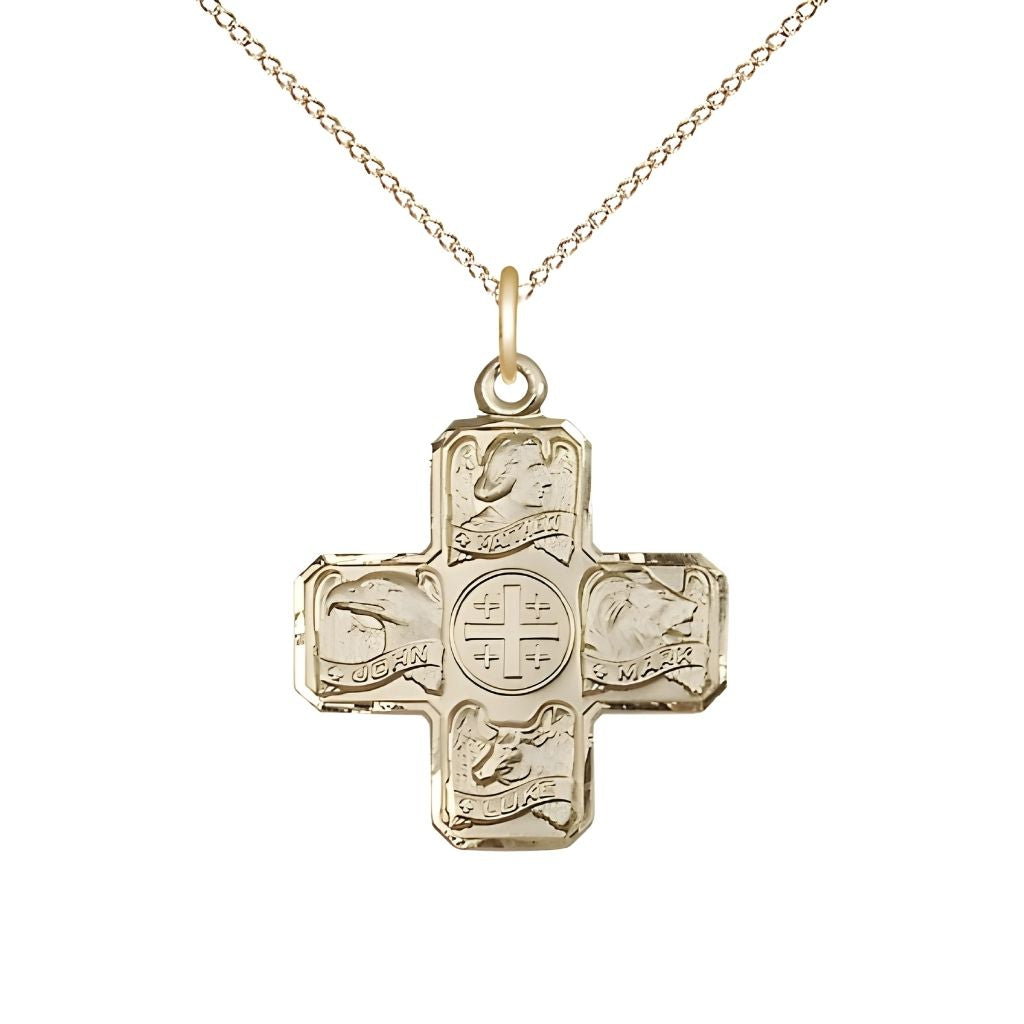 Bliss Evangelist 4-Way Cross 14kt Gold Medal with 14kt Gold Chain, Matthew, Mark, Luke, and John, Measures 7/8-inch tall by 3/4-inch wide