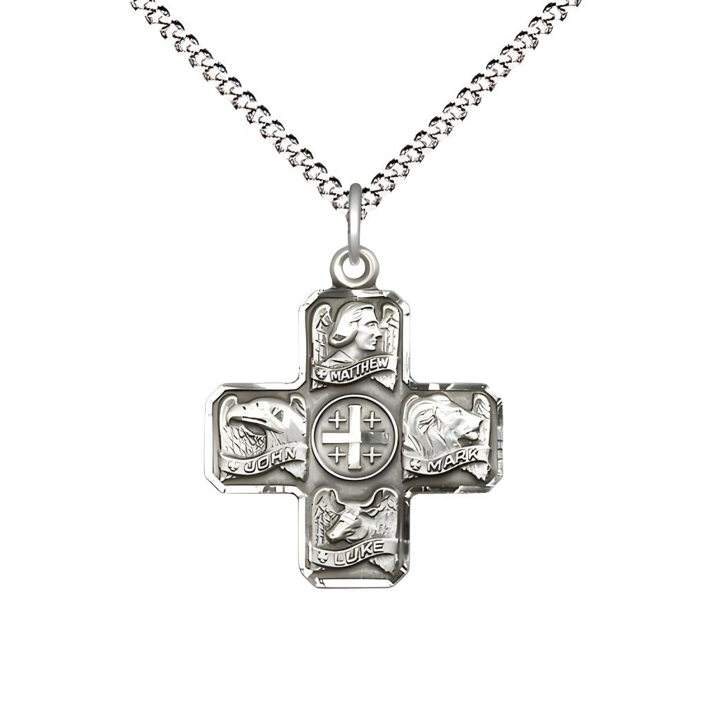 Bliss Evangelist 4-Way Cross Sterling Silver Medal with Plated Chain, Matthew, Mark, Luke, and John, Measures 7/8-inch tall by 3/4-inch wide