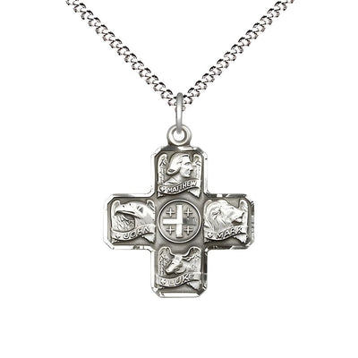 Evangelist 4-Way Cross Sterling Silver Medal with Plated Chain, Matthew, Mark, Luke, and John, Measures 7/8-inch tall by 3/4-inch wide, Bliss Manufacturing