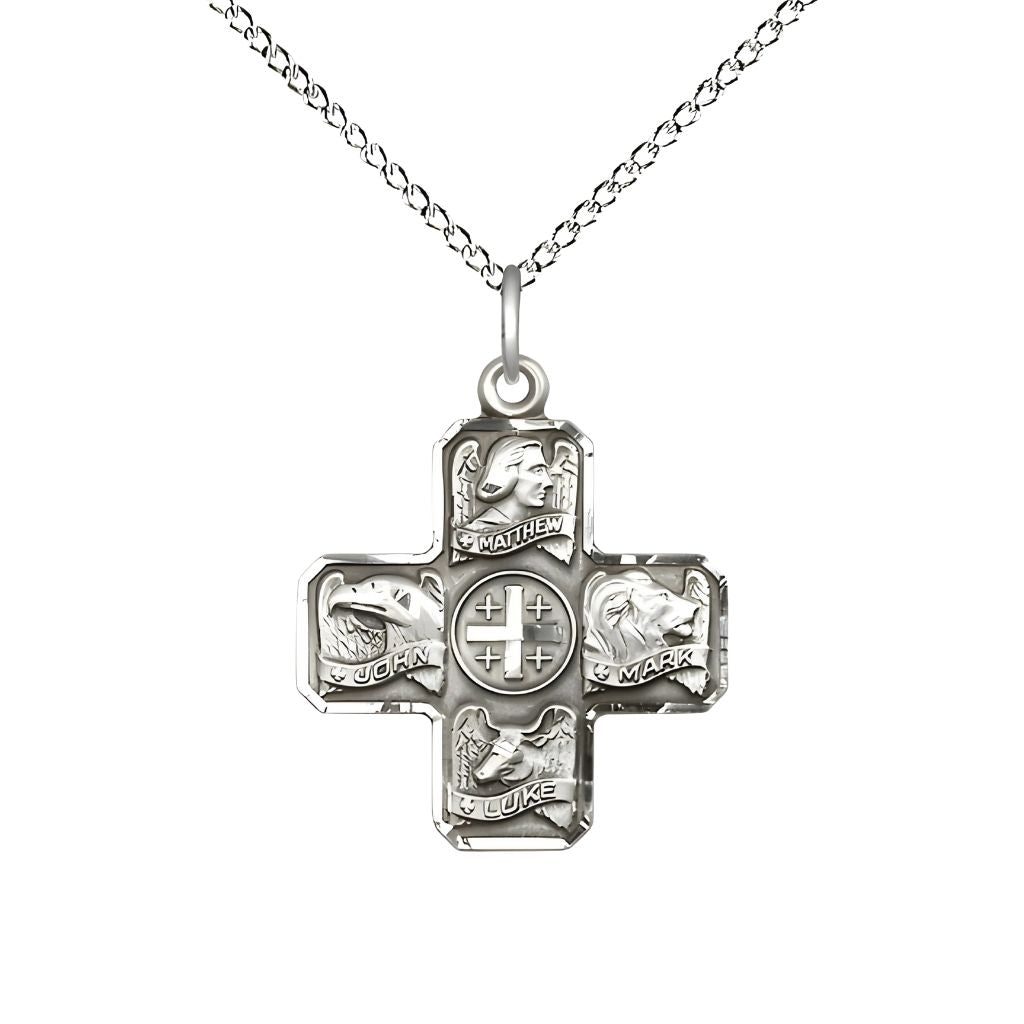 Bliss Evangelist 4-Way Cross Sterling Silver Medal with Sterling Chain, Matthew, Mark, Luke, and John, Measures 7/8-inch tall by 3/4-inch wide