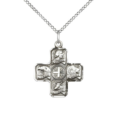 Evangelist 4-Way Cross Sterling Silver Medal with Sterling Chain, Matthew, Mark, Luke, and John, Measures 7/8-inch tall by 3/4-inch wide, Bliss Manufacturing